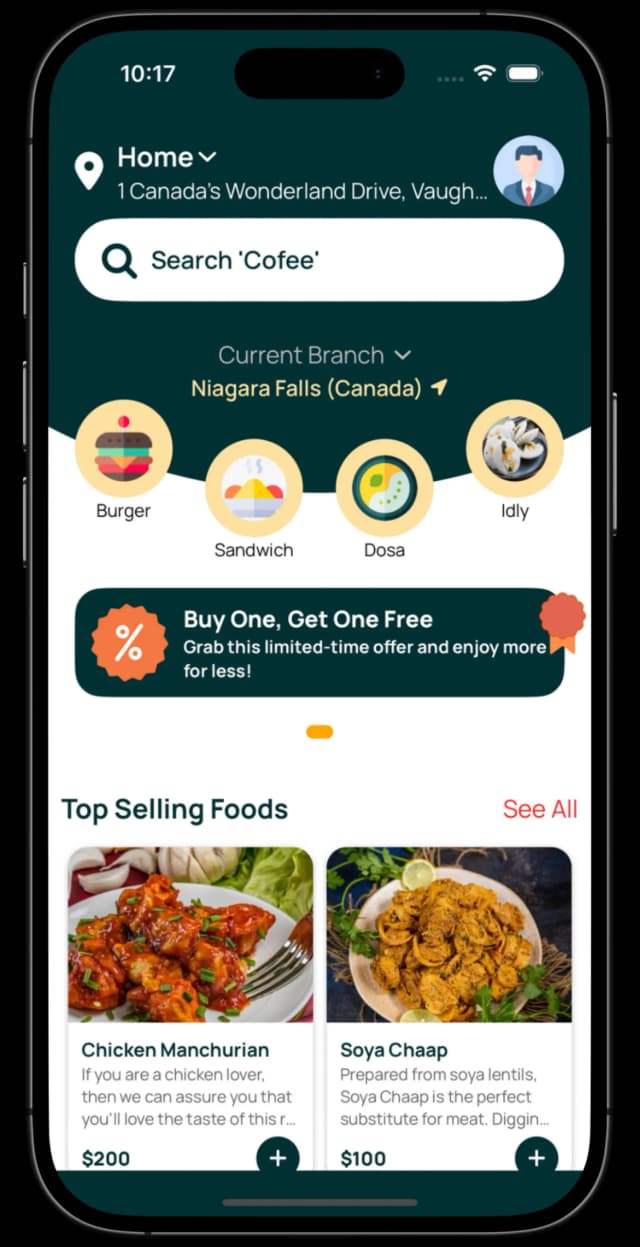 Food delivery app home screen with trending dishes and exclusive offers