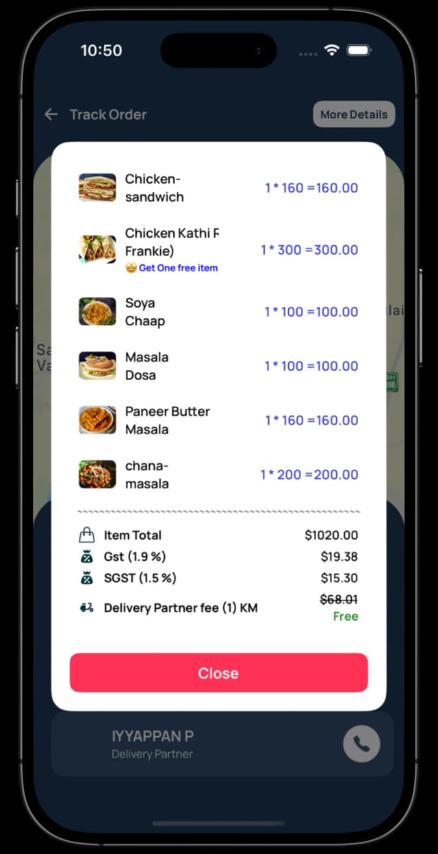 Screenshots of the ProzenEats app displaying restaurant menus, order placement, and delivery tracking