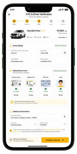 Prozen Rent booking and KYC screen