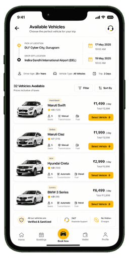 Prozen Rent vehicle discovery screen