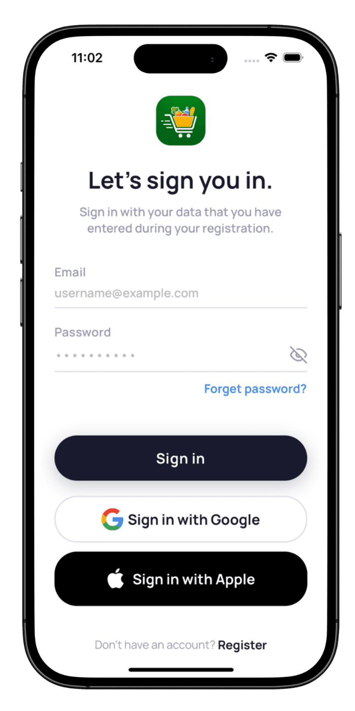 Grocery delivery app user login screen