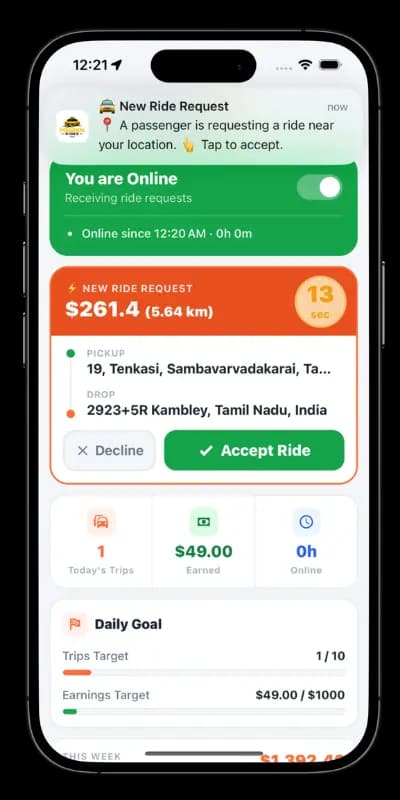 bolt Clone driver app trip request screen