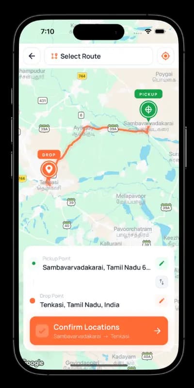 User selecting pickup and drop location on map