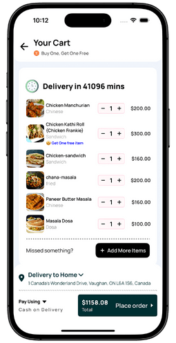 ProzenEats restaurant app cart management: view, edit, efficiently Screenshot of the cart management interface in the ProzenEats restaurant app displaying selected food items and order details