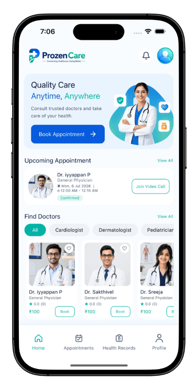 Prozen Care healthcare application patient home screen