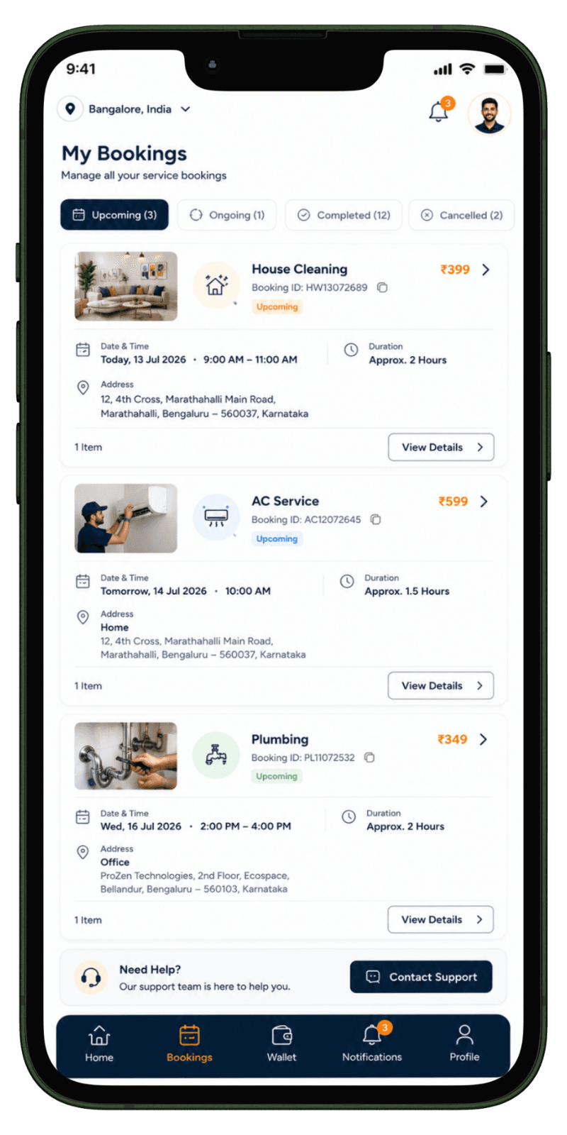 Customer Booking List Customer booking list in home services app
