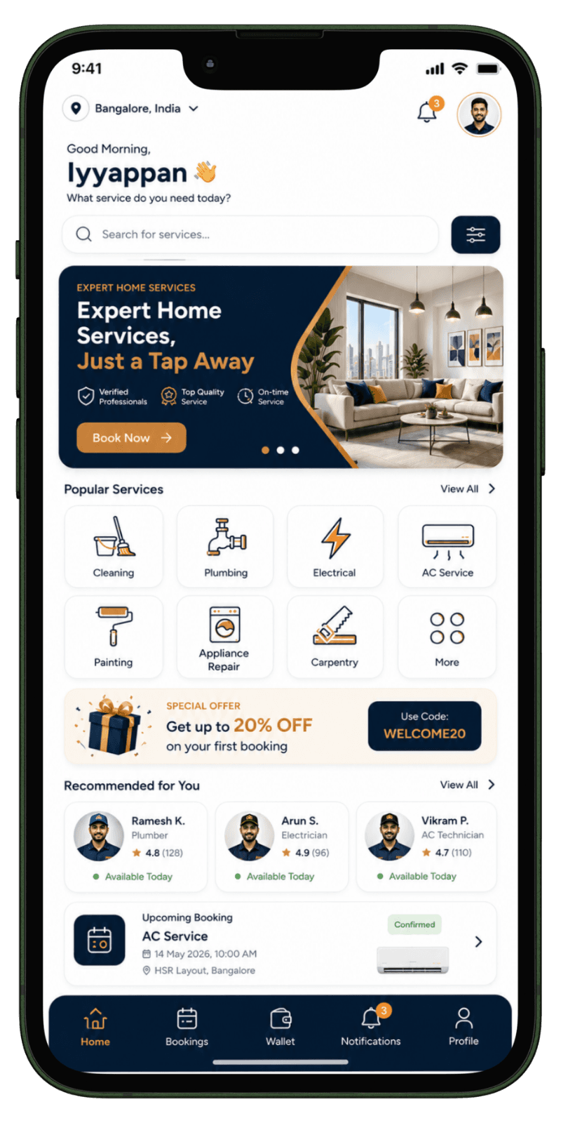 Customer Home Services Dashboard Home services app customer home screen with service categories