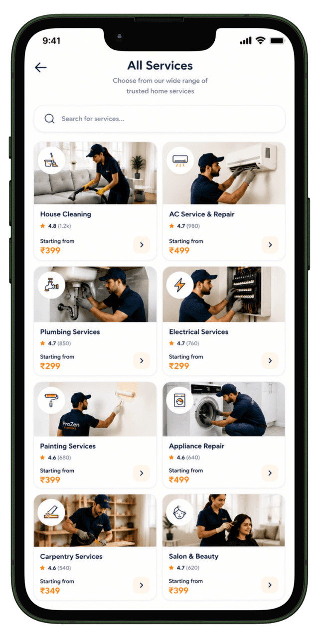 Home services marketplace categories Multiple home service categories in customer service app