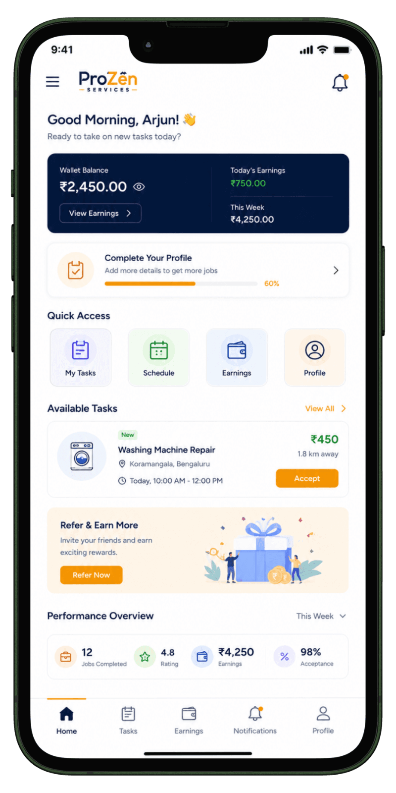 Service Partner Home Screen Home service partner home dashboard with task information