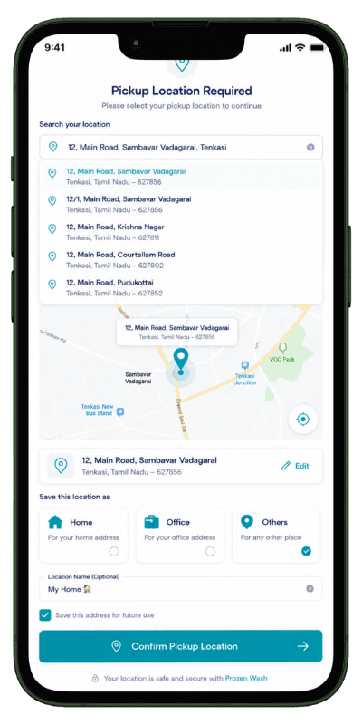 Add Pickup Location Customer adding a laundry pickup location in the app