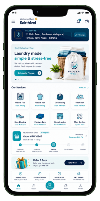 Laundry Customer Home Laundry app customer home screen with services and booking options