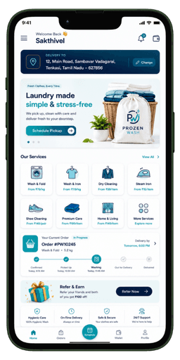Prozen Wash customer application screen