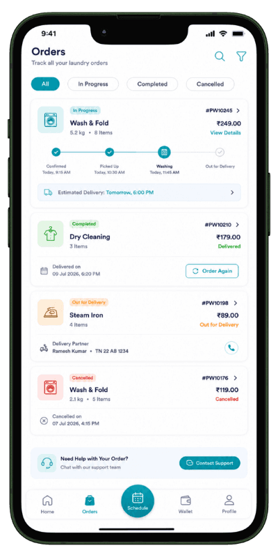 Laundry order tracking application Laundry app customer order tracking list